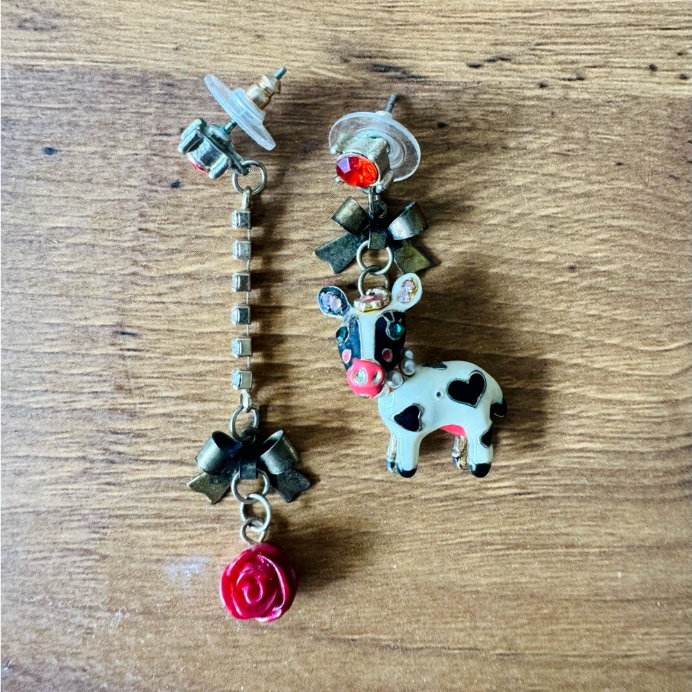 Betsy Johnson Charming Cow and Rose Earrings